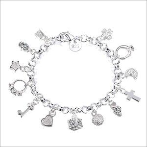 Adjustable Sterling Silver Bracelet with 13 Pendants, Elegant Chain Design